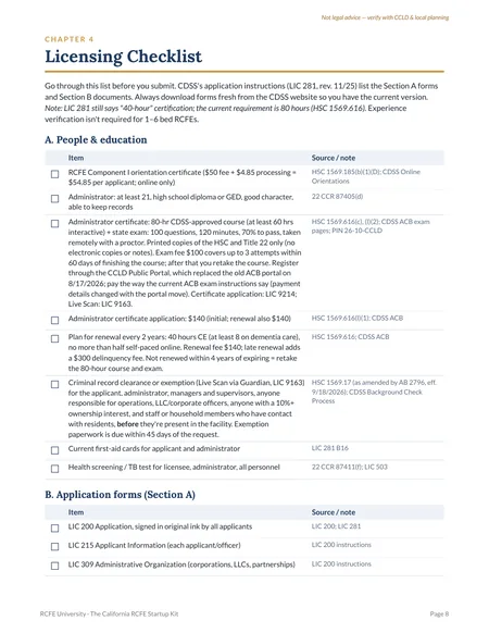Guide page 8: Licensing Checklist