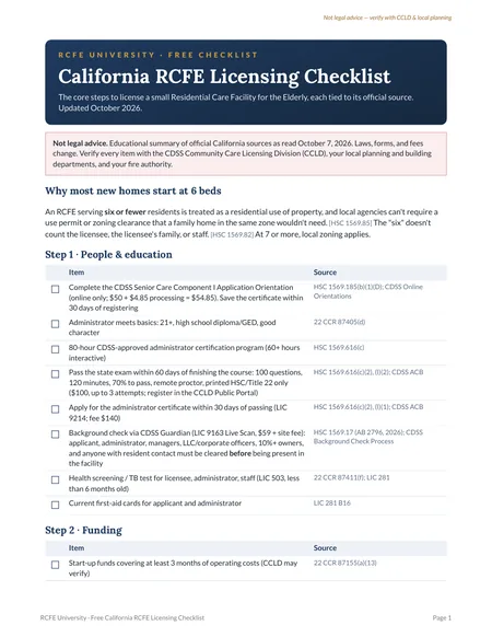First page of the free California RCFE Licensing Checklist